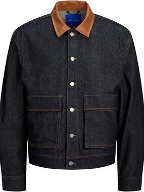 NWT Jack Jones Dark Denim Jacket w/Brown Leather Collar - XL (Jorislington)